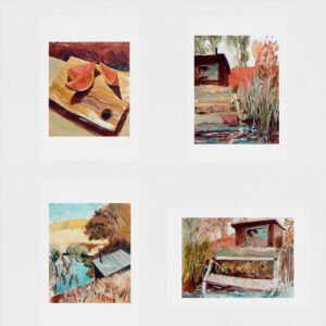 Warm-toned A5 art print of a wooden sauna beside a pond