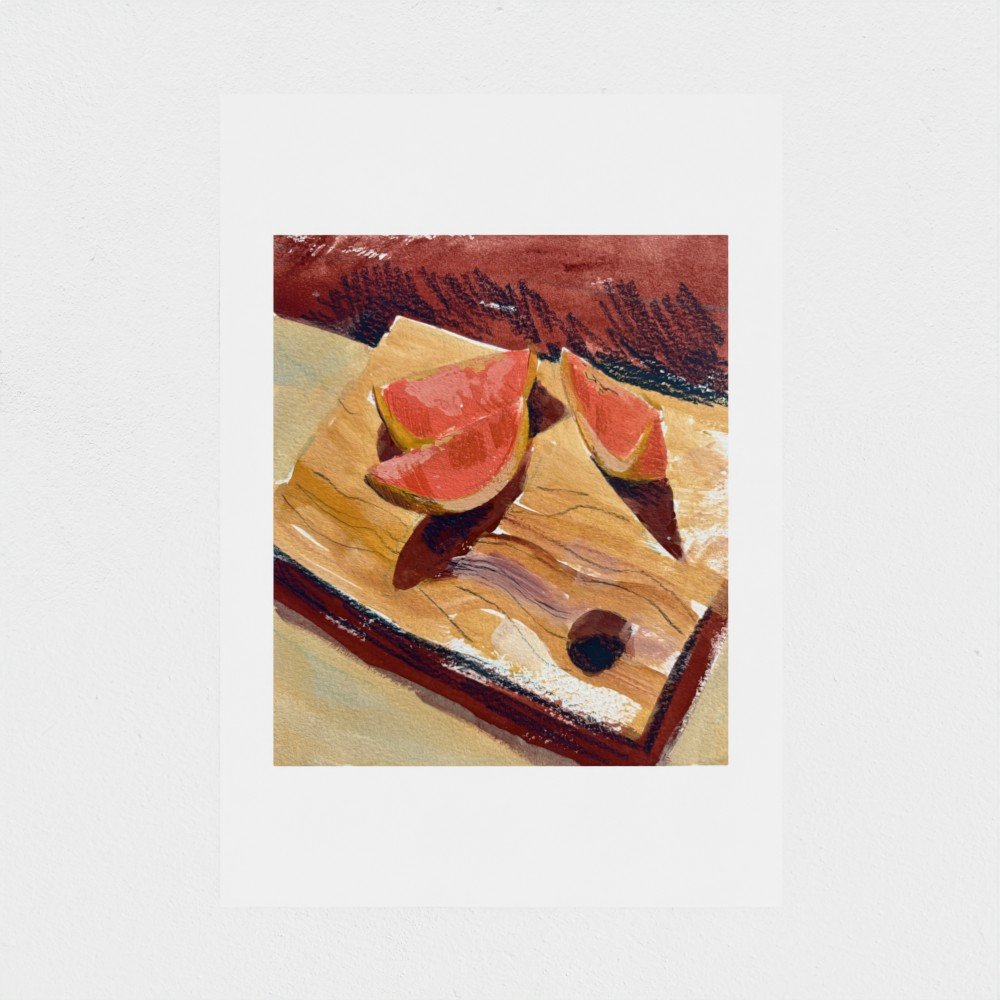 A5 still-life art print of oranges at half time