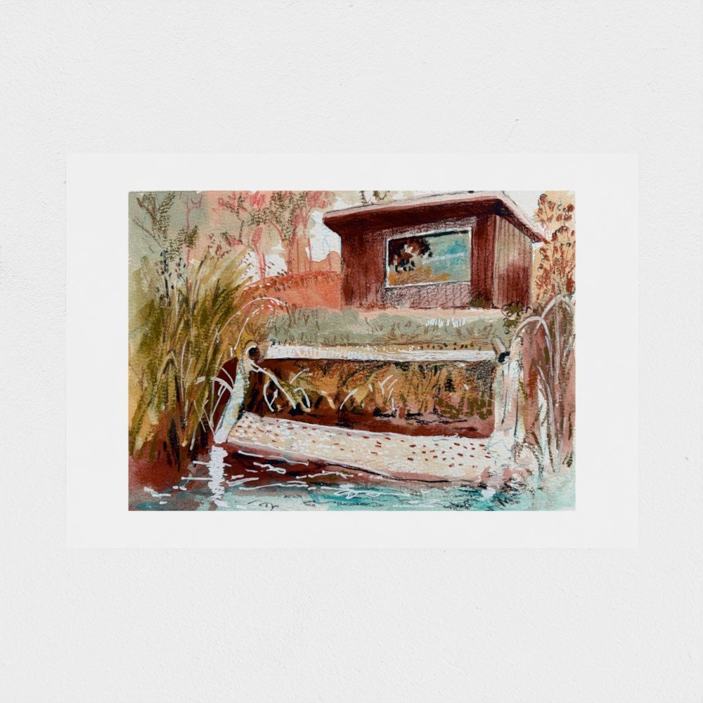 A5 art print showing the approach to a wooden sauna