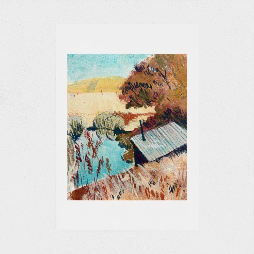 Warm countryside art print showing fields near a sauna